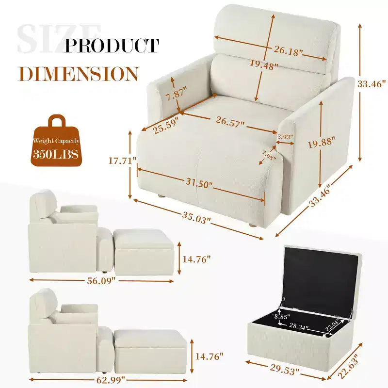 Poltrona oversize CLIHOME con pouf contenitore, poltrona accentata ampia, poltrona da lettura imbottita in stile Mid-Century, divano con seduta profonda