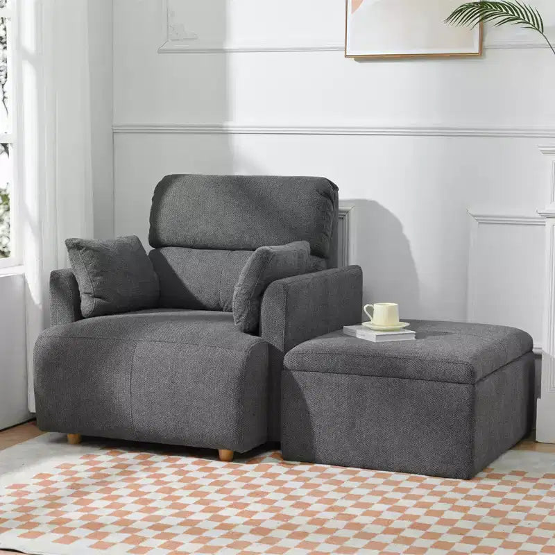 Poltrona oversize CLIHOME con pouf contenitore, poltrona accentata ampia, poltrona da lettura imbottita in stile Mid-Century, divano con seduta profonda