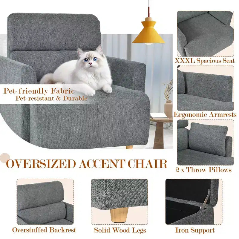 Poltrona oversize CLIHOME con pouf contenitore, poltrona accentata ampia, poltrona da lettura imbottita in stile Mid-Century, divano con seduta profonda
