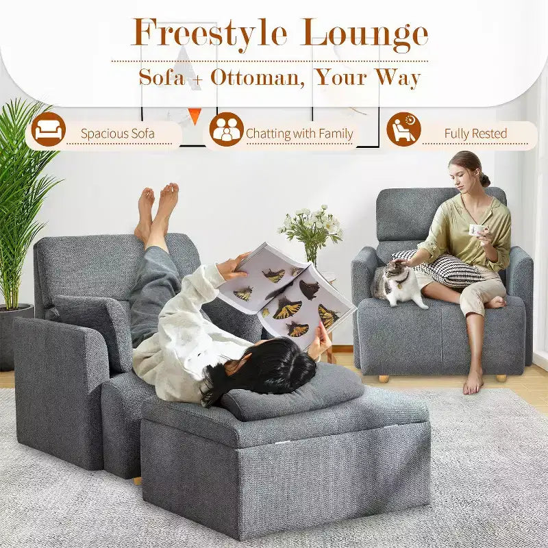 Poltrona oversize CLIHOME con pouf contenitore, poltrona accentata ampia, poltrona da lettura imbottita in stile Mid-Century, divano con seduta profonda