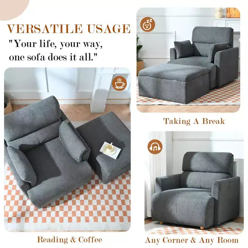Poltrona oversize CLIHOME con pouf contenitore, poltrona accentata ampia, poltrona da lettura imbottita in stile Mid-Century, divano con seduta profonda