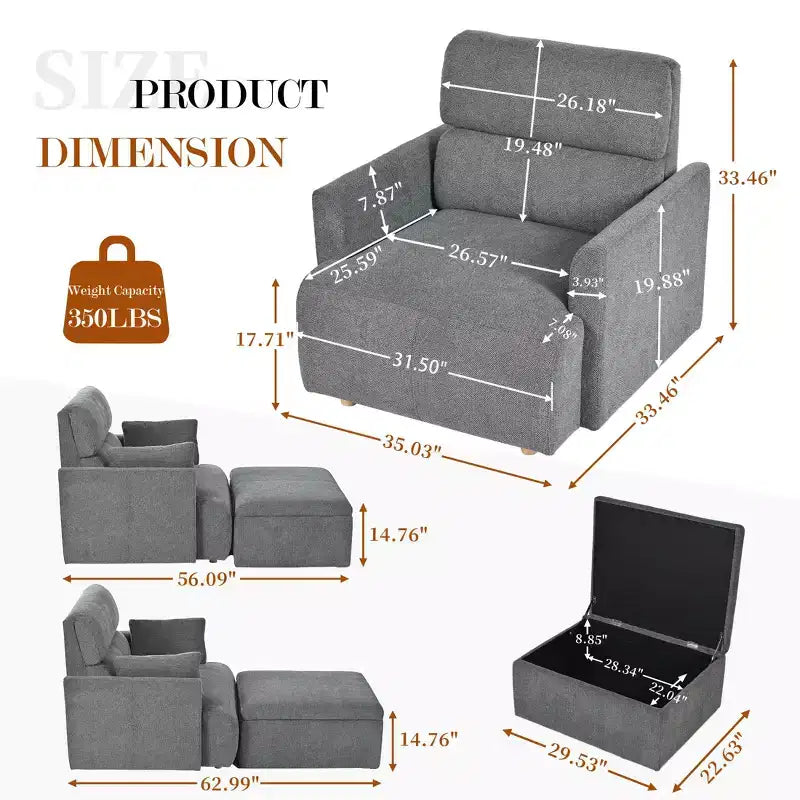 Poltrona oversize CLIHOME con pouf contenitore, poltrona accentata ampia, poltrona da lettura imbottita in stile Mid-Century, divano con seduta profonda