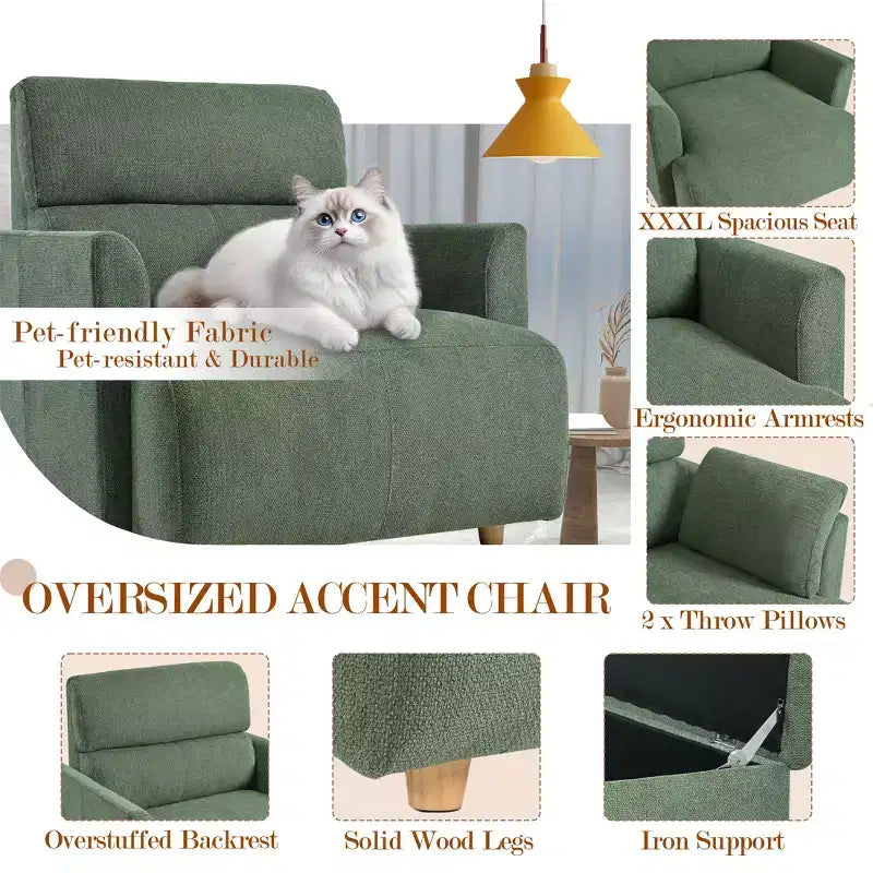 Poltrona oversize CLIHOME con pouf contenitore, poltrona accentata ampia, poltrona da lettura imbottita in stile Mid-Century, divano con seduta profonda