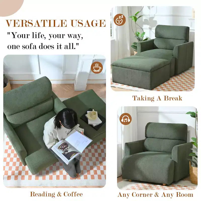 Poltrona oversize CLIHOME con pouf contenitore, poltrona accentata ampia, poltrona da lettura imbottita in stile Mid-Century, divano con seduta profonda