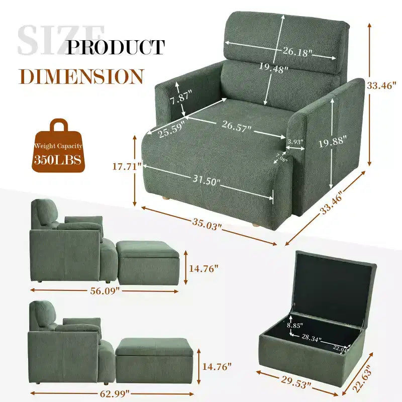 Poltrona oversize CLIHOME con pouf contenitore, poltrona accentata ampia, poltrona da lettura imbottita in stile Mid-Century, divano con seduta profonda