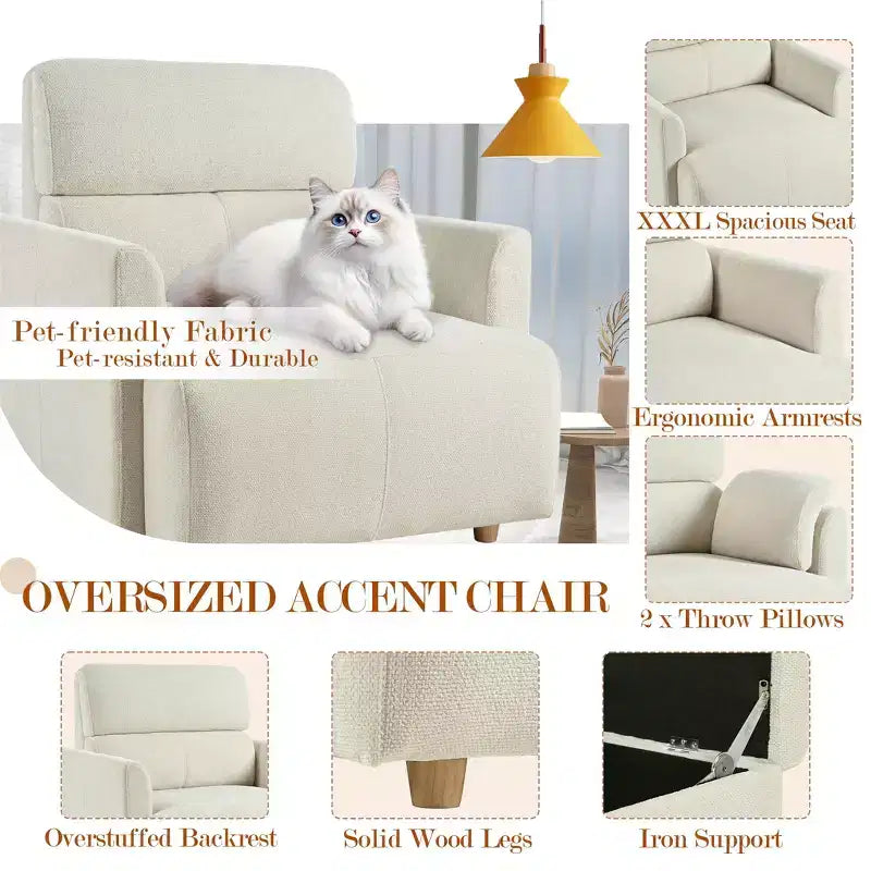 Poltrona oversize CLIHOME con pouf contenitore, poltrona accentata ampia, poltrona da lettura imbottita in stile Mid-Century, divano con seduta profonda