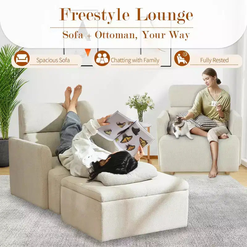Poltrona oversize CLIHOME con pouf contenitore, poltrona accentata ampia, poltrona da lettura imbottita in stile Mid-Century, divano con seduta profonda