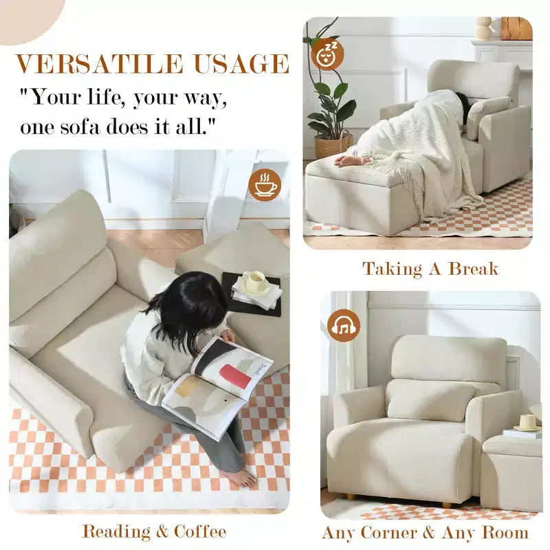 Poltrona oversize CLIHOME con pouf contenitore, poltrona accentata ampia, poltrona da lettura imbottita in stile Mid-Century, divano con seduta profonda