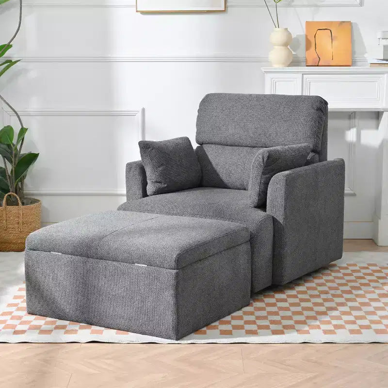 Poltrona oversize CLIHOME con pouf contenitore, poltrona accentata ampia, poltrona da lettura imbottita in stile Mid-Century, divano con seduta profonda