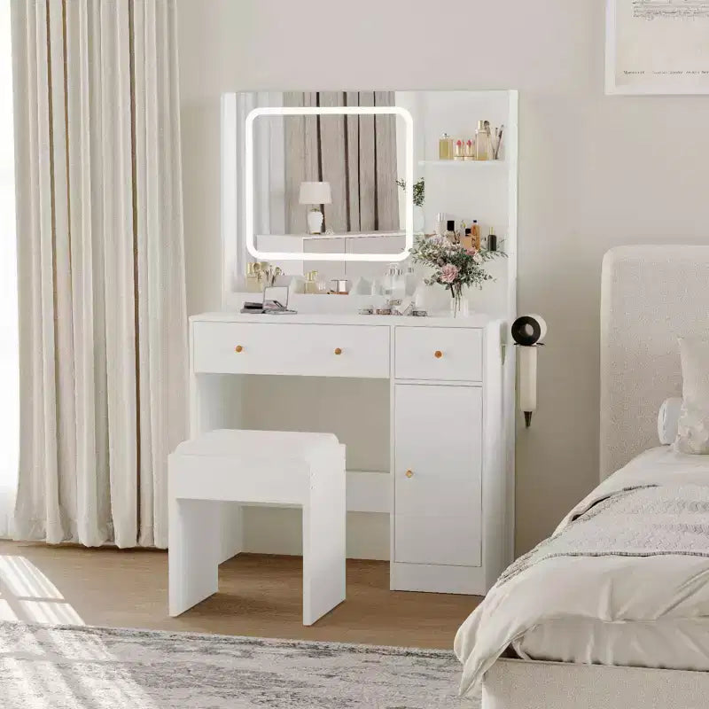 Toeletta da Trucco con Specchio, Grande Comò da 37W con Cassetti e Sgabello, Tavolo da Trucco Moderno per Camera da Letto con Spazi Ristretti