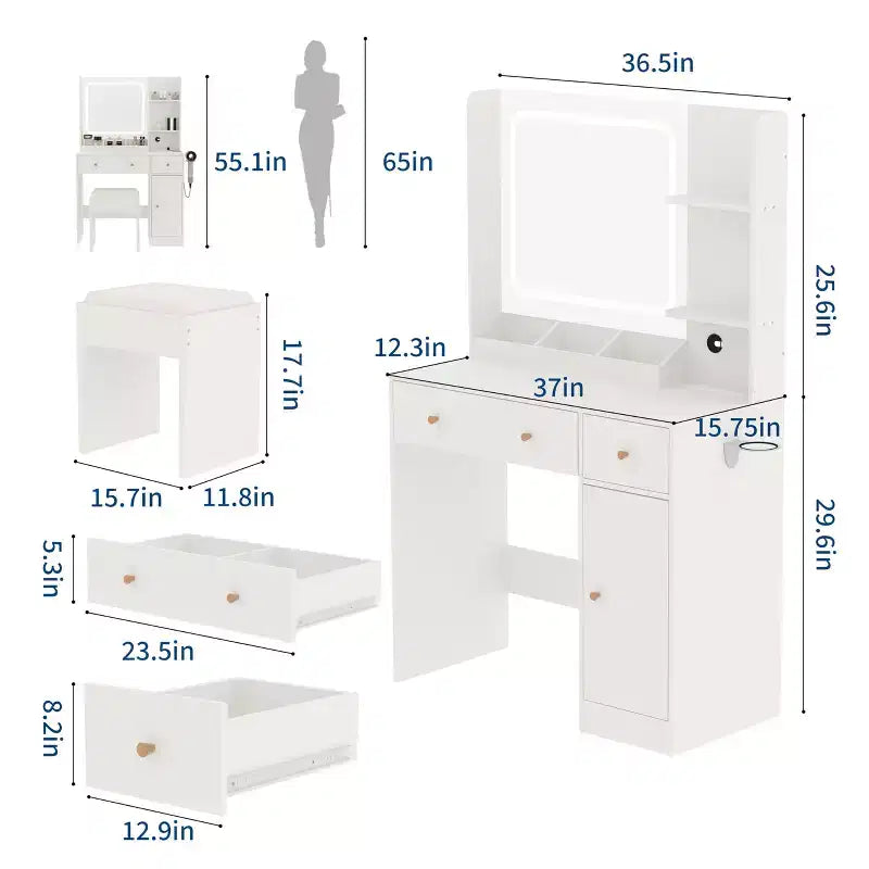 Toeletta da Trucco con Specchio, Grande Comò da 37W con Cassetti e Sgabello, Tavolo da Trucco Moderno per Camera da Letto con Spazi Ristretti