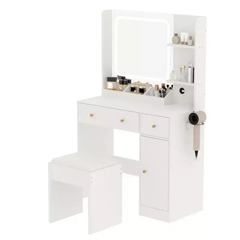 Toeletta da Trucco con Specchio, Grande Comò da 37W con Cassetti e Sgabello, Tavolo da Trucco Moderno per Camera da Letto con Spazi Ristretti