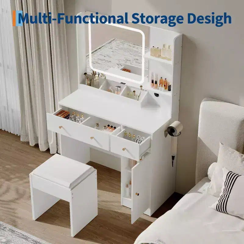Toeletta da Trucco con Specchio, Grande Comò da 37W con Cassetti e Sgabello, Tavolo da Trucco Moderno per Camera da Letto con Spazi Ristretti