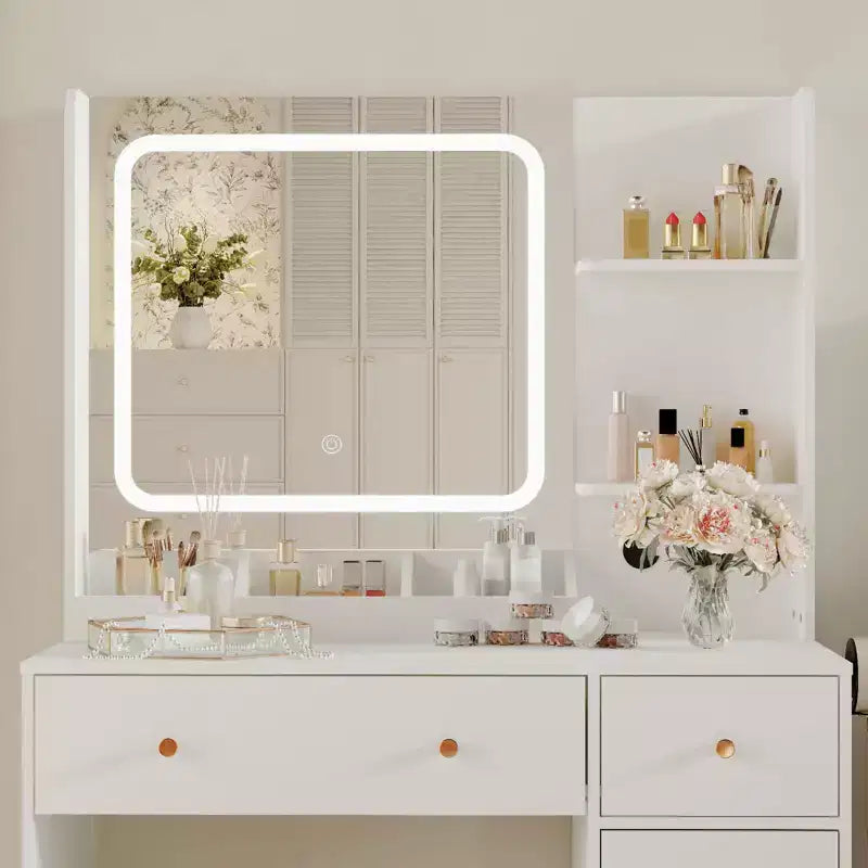 Toeletta da Trucco con Specchio, Grande Comò da 37W con Cassetti e Sgabello, Tavolo da Trucco Moderno per Camera da Letto con Spazi Ristretti