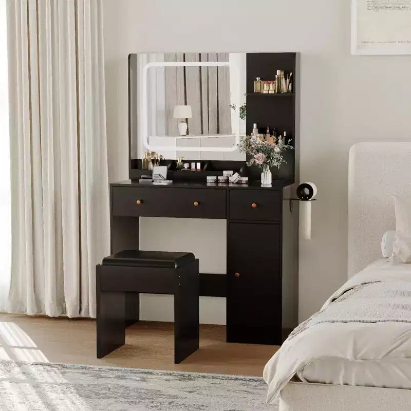 Toeletta da Trucco con Specchio, Grande Comò da 37W con Cassetti e Sgabello, Tavolo da Trucco Moderno per Camera da Letto con Spazi Ristretti