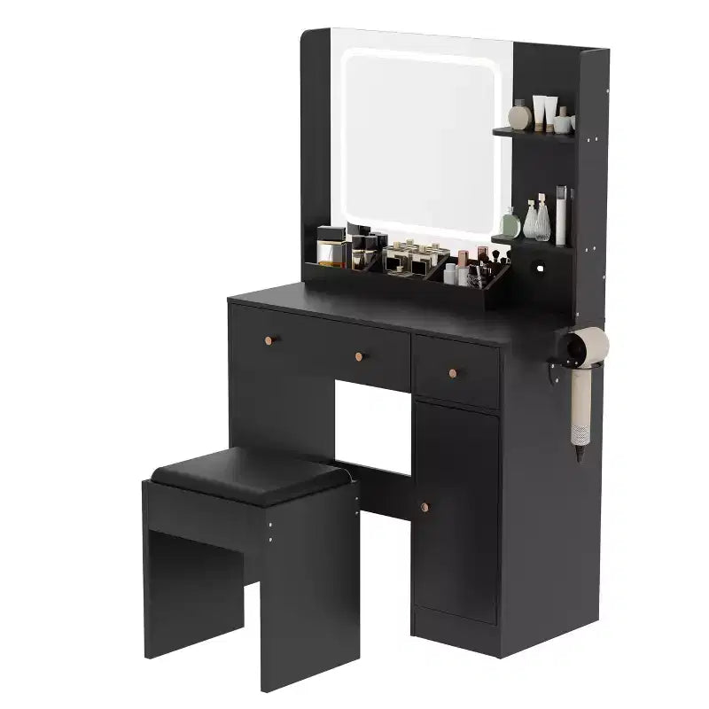 Toeletta da Trucco con Specchio, Grande Comò da 37W con Cassetti e Sgabello, Tavolo da Trucco Moderno per Camera da Letto con Spazi Ristretti