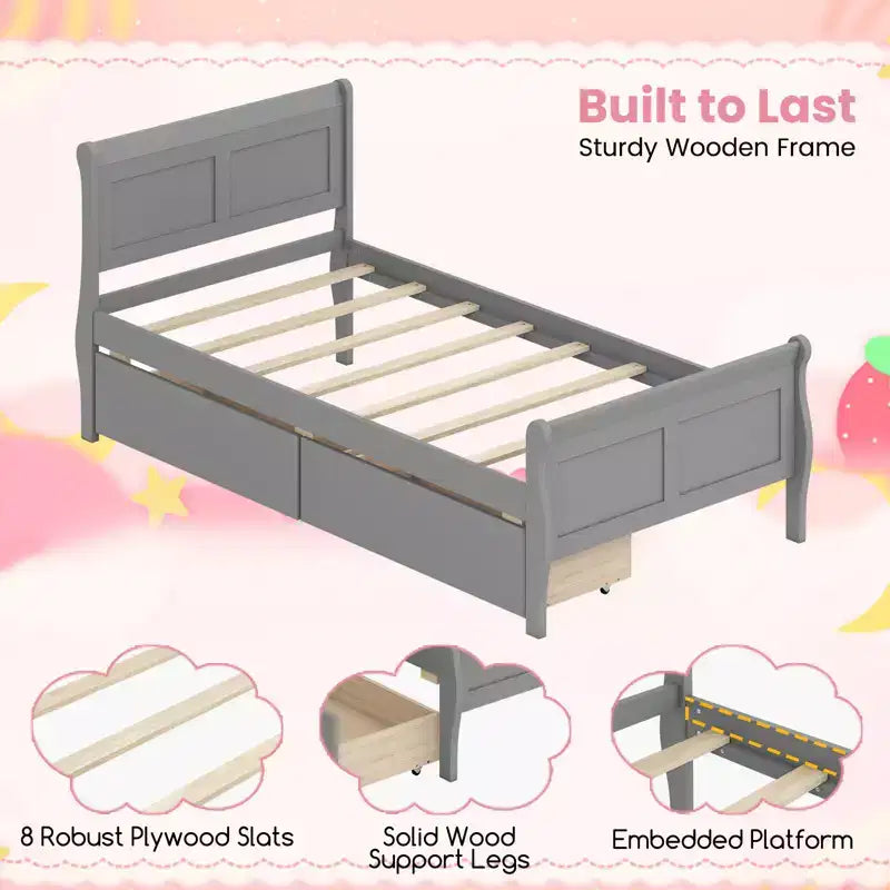 Struttura Letto a Una Piazza Costway con 2 Cassetti Contenitore, Base Letto in Legno con Testiera Beige/Bianco