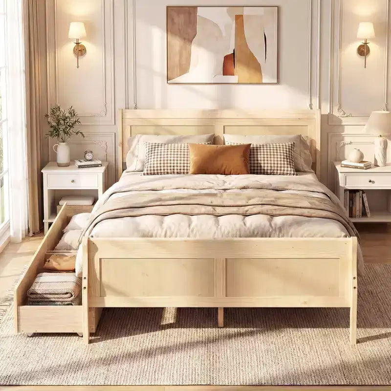 Struttura Letto a Una Piazza Costway con 2 Cassetti Contenitore, Base Letto in Legno con Testiera Beige/Bianco