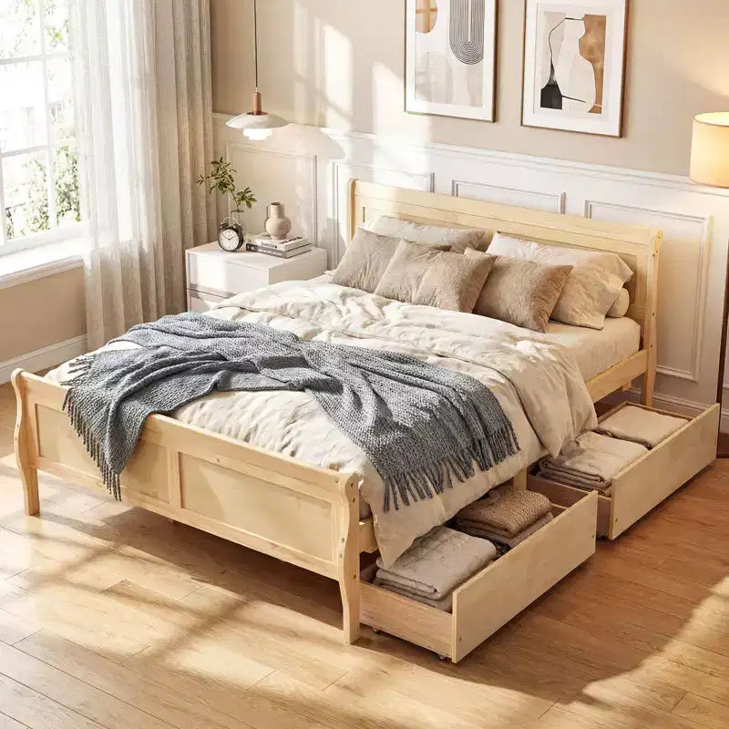 Struttura Letto a Una Piazza Costway con 2 Cassetti Contenitore, Base Letto in Legno con Testiera Beige/Bianco