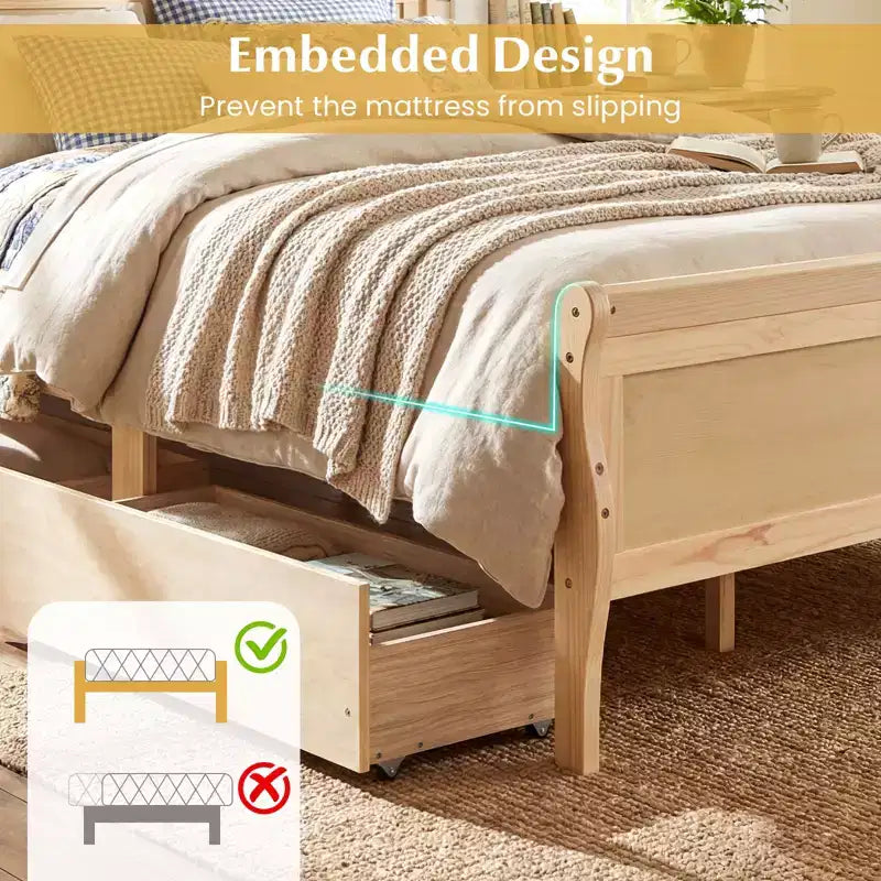 Struttura Letto a Una Piazza Costway con 2 Cassetti Contenitore, Base Letto in Legno con Testiera Beige/Bianco