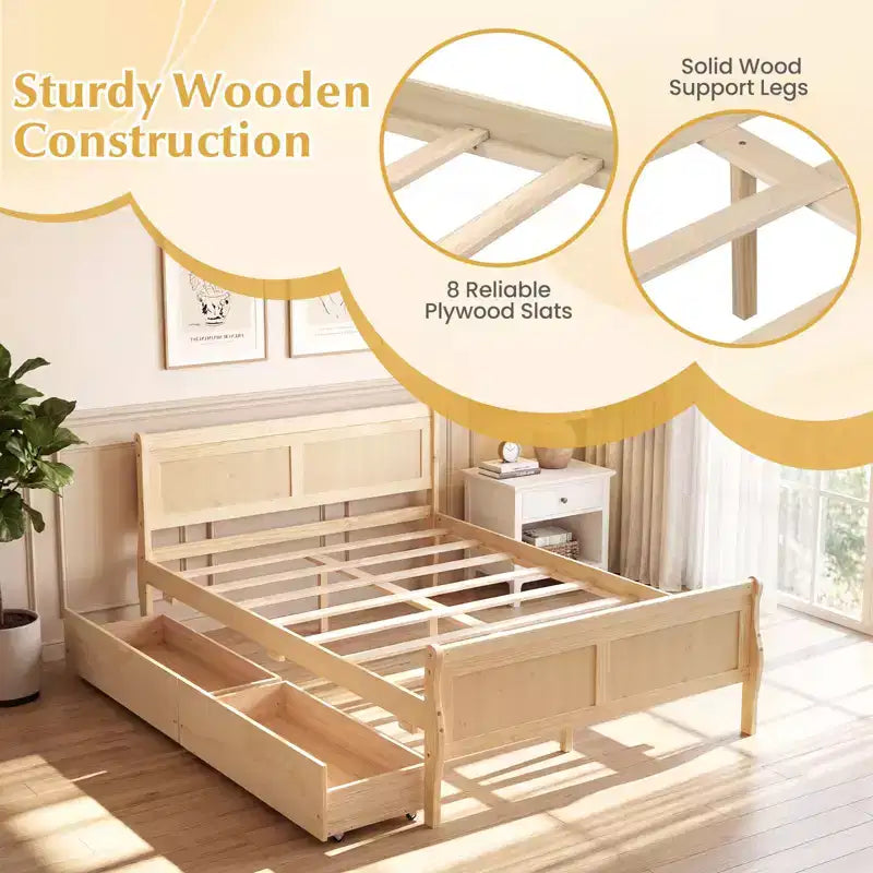 Struttura Letto a Una Piazza Costway con 2 Cassetti Contenitore, Base Letto in Legno con Testiera Beige/Bianco