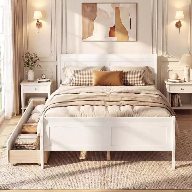Struttura Letto a Una Piazza Costway con 2 Cassetti Contenitore, Base Letto in Legno con Testiera Beige/Bianco