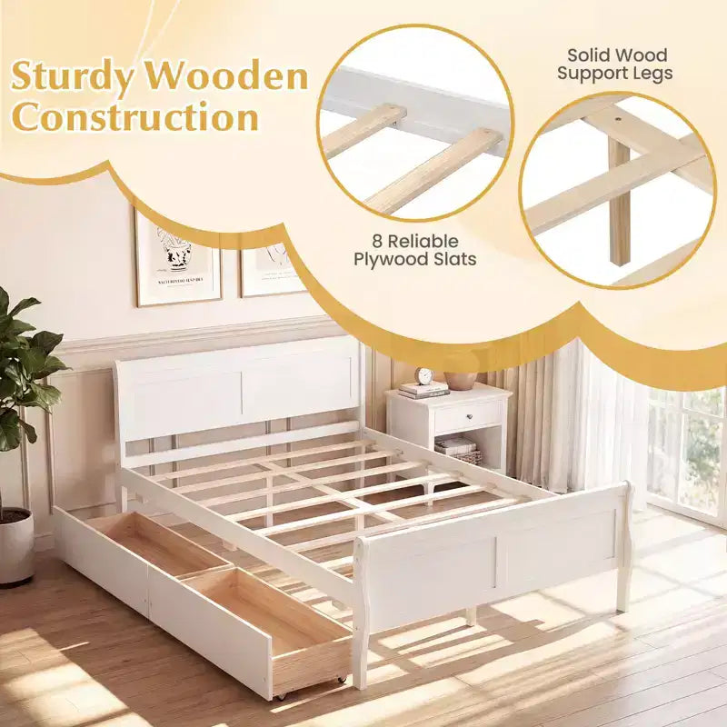 Struttura Letto a Una Piazza Costway con 2 Cassetti Contenitore, Base Letto in Legno con Testiera Beige/Bianco