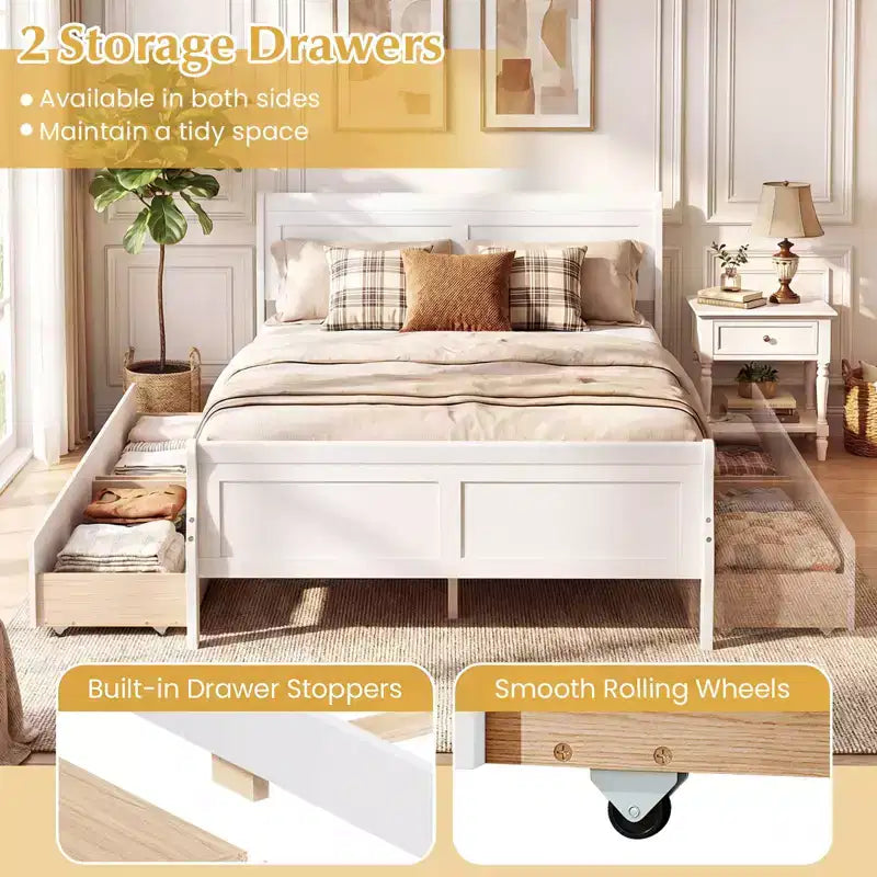 Struttura Letto a Una Piazza Costway con 2 Cassetti Contenitore, Base Letto in Legno con Testiera Beige/Bianco