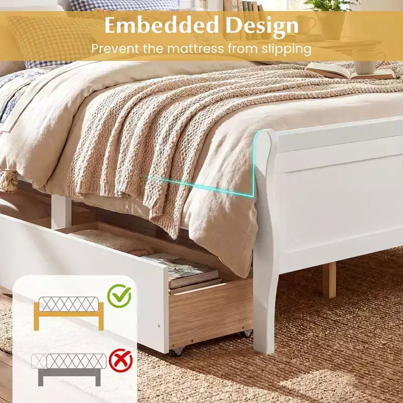 Struttura Letto a Una Piazza Costway con 2 Cassetti Contenitore, Base Letto in Legno con Testiera Beige/Bianco