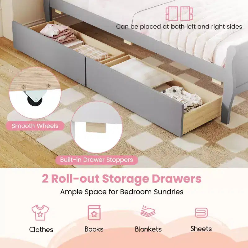 Struttura Letto a Una Piazza Costway con 2 Cassetti Contenitore, Base Letto in Legno con Testiera Beige/Bianco