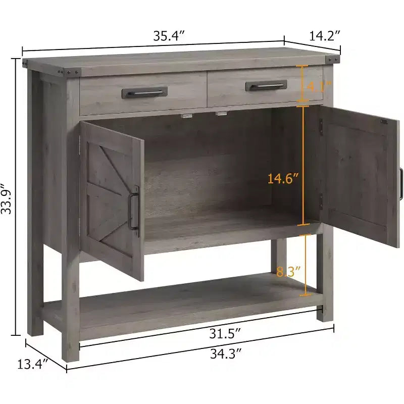 Tavolo da ingresso stile rustico con armadietto a 2 ante e 2 cassetti, consolle in legno con vano contenitore, mobile bar, credenza a buffet per la casa