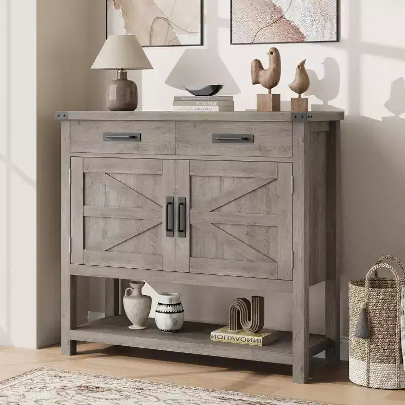 Tavolo da ingresso stile rustico con armadietto a 2 ante e 2 cassetti, consolle in legno con vano contenitore, mobile bar, credenza a buffet per la casa