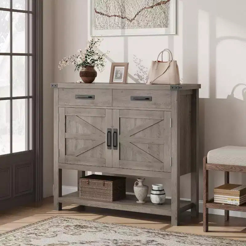 Tavolo da ingresso stile rustico con armadietto a 2 ante e 2 cassetti, consolle in legno con vano contenitore, mobile bar, credenza a buffet per la casa