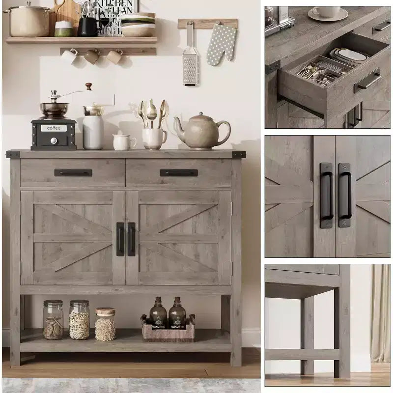 Tavolo da ingresso stile rustico con armadietto a 2 ante e 2 cassetti, consolle in legno con vano contenitore, mobile bar, credenza a buffet per la casa