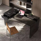 Gaoyangjiaju 53.14 Scrivania Moderna per Computer con Piano in Vetro Temperato 3C e Archiviazione a Doppia Zona, Elegante Scrivania Minimalista Nera per Ufficio Domestico