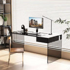 Gaoyangjiaju 53.14 Scrivania Moderna per Computer con Piano in Vetro Temperato 3C e Archiviazione a Doppia Zona, Elegante Scrivania Minimalista Nera per Ufficio Domestico