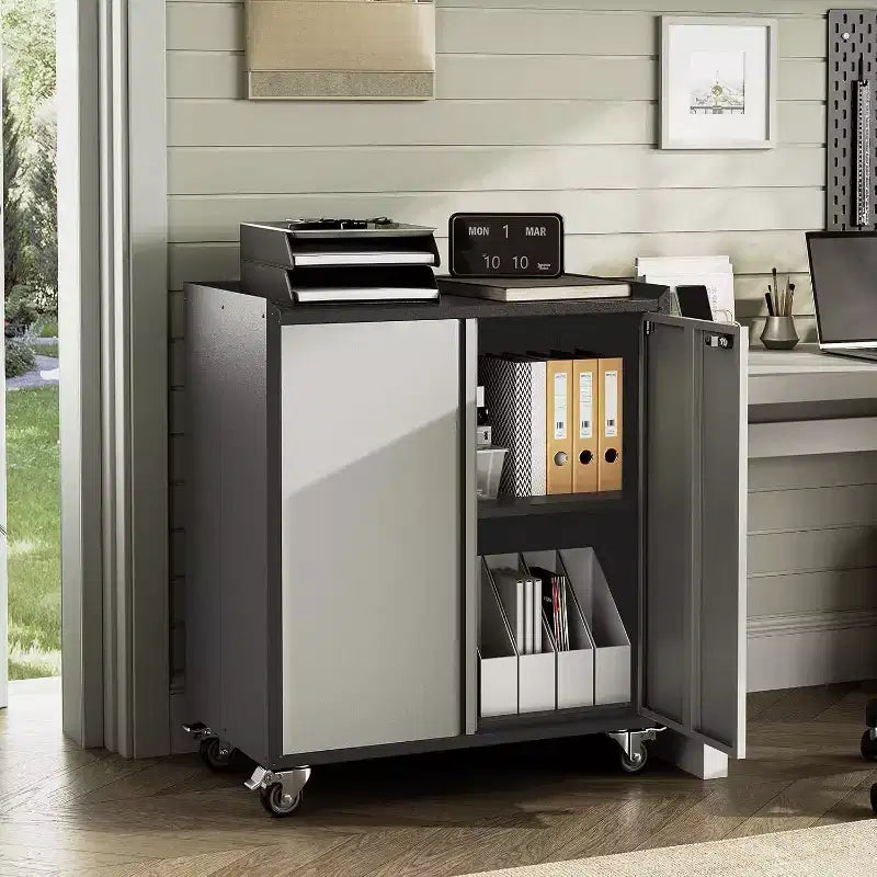 Mobiletto di Sicurezza in Metallo con Anta, 35,43" H - Carrello Contenitore da Officina con Ripiani e Piano di Lavoro (Design a Recinzione) per Garage, Casa, Ufficio