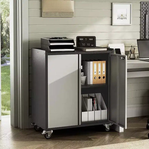 Mobiletto di Sicurezza in Metallo con Anta, 35,43" H - Carrello Contenitore da Officina con Ripiani e Piano di Lavoro (Design a Recinzione) per Garage, Casa, Ufficio