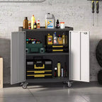 Mobiletto di Sicurezza in Metallo con Anta, 35,43" H - Carrello Contenitore da Officina con Ripiani e Piano di Lavoro (Design a Recinzione) per Garage, Casa, Ufficio