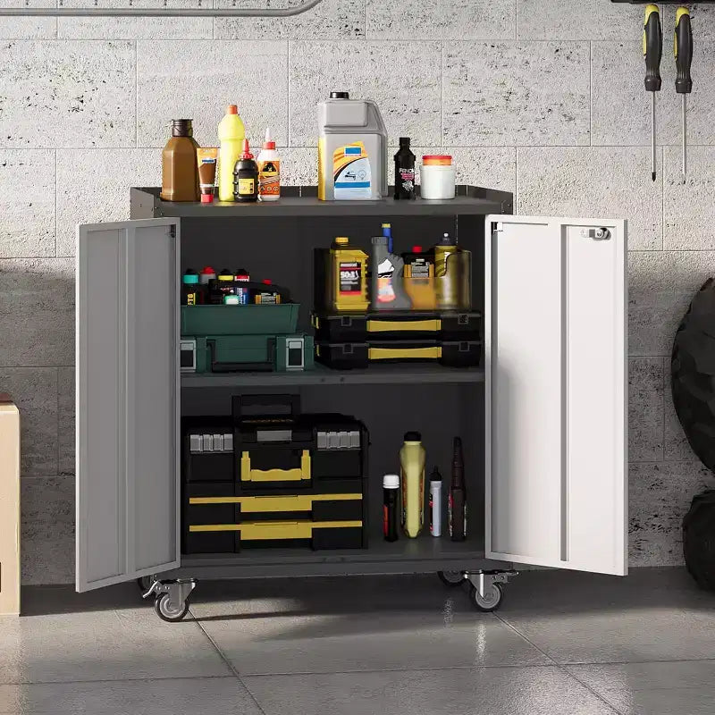 Mobiletto di Sicurezza in Metallo con Anta, 35,43" H - Carrello Contenitore da Officina con Ripiani e Piano di Lavoro (Design a Recinzione) per Garage, Casa, Ufficio