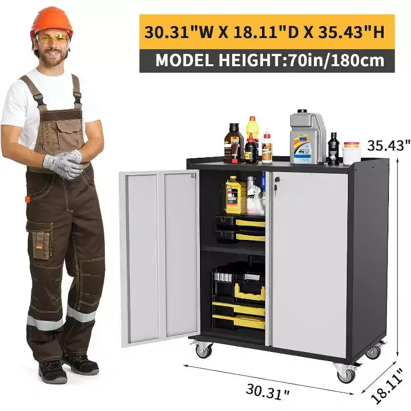 Mobiletto di Sicurezza in Metallo con Anta, 35,43" H - Carrello Contenitore da Officina con Ripiani e Piano di Lavoro (Design a Recinzione) per Garage, Casa, Ufficio
