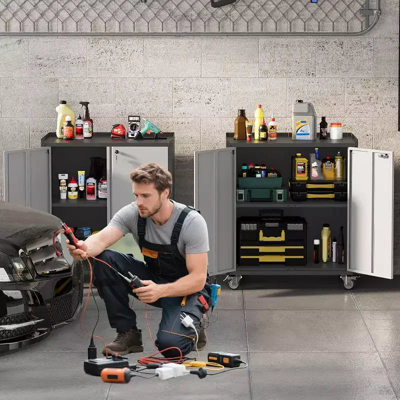 Mobiletto di Sicurezza in Metallo con Anta, 35,43" H - Carrello Contenitore da Officina con Ripiani e Piano di Lavoro (Design a Recinzione) per Garage, Casa, Ufficio