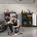 Mobiletto di Sicurezza in Metallo con Anta, 35,43" H - Carrello Contenitore da Officina con Ripiani e Piano di Lavoro (Design a Recinzione) per Garage, Casa, Ufficio