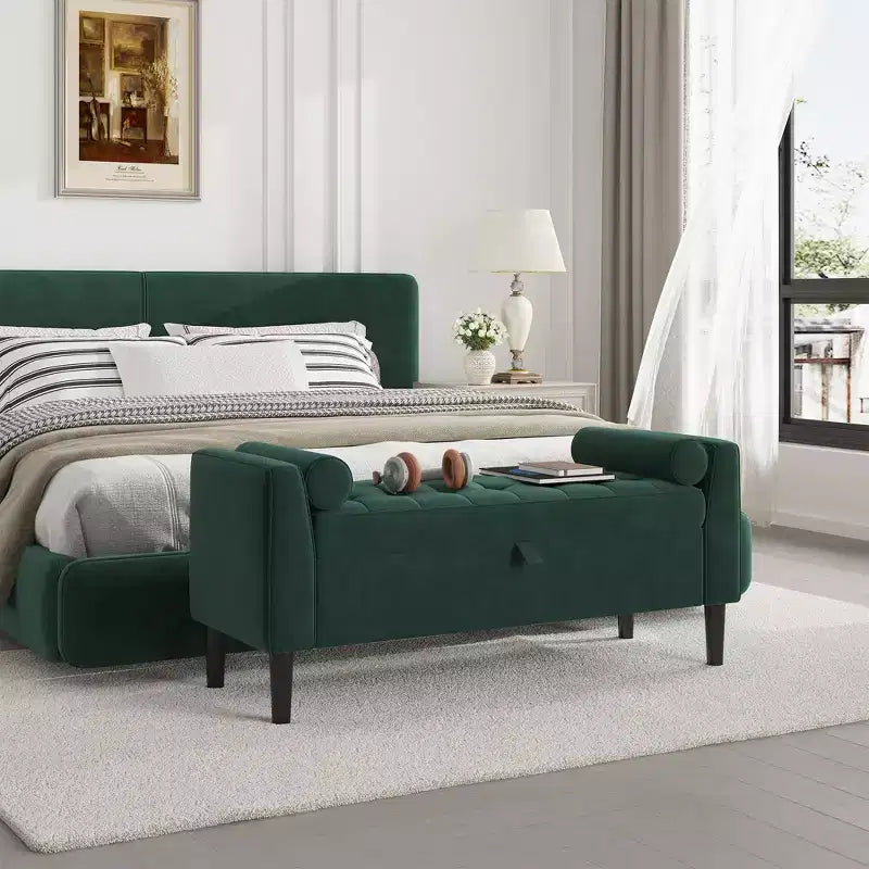 Panca portaoggetti con poggiapiedi da 118 cm – Panca da letto imbottita con design capitonné per camera da letto, ingresso