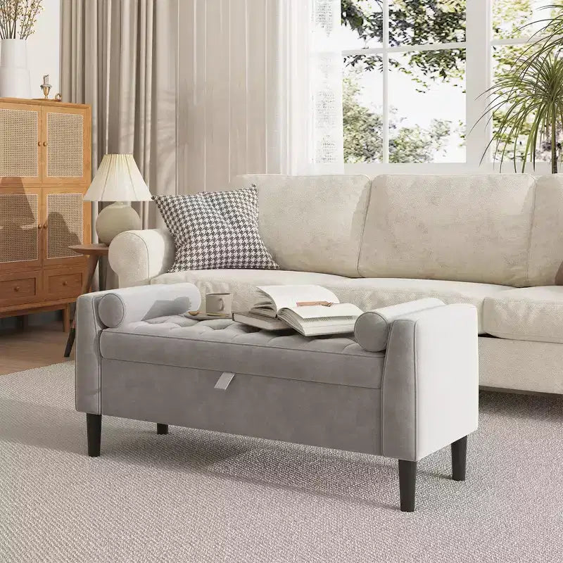 Panca portaoggetti con poggiapiedi da 118 cm – Panca da letto imbottita con design capitonné per camera da letto, ingresso