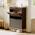 Coolmee Fluted Shoe Cabinet with 2 Flip Drawers, Wood Shoe Organizer, Narrow Entryway Furniture for Small Spaces, Hallway Entrance Apartments