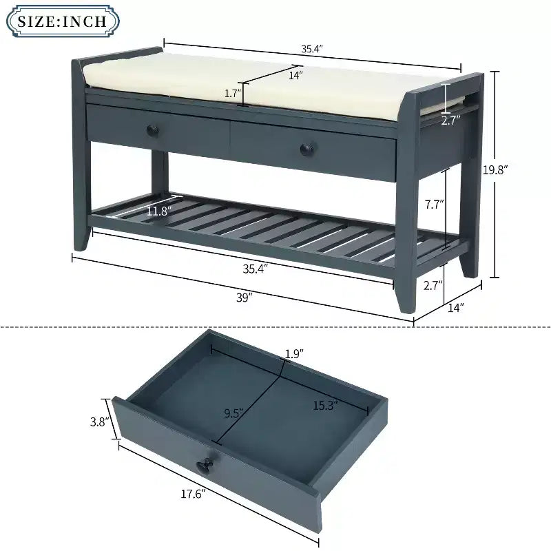 Panca contenitore per ingresso con scarpiera, 2 cassetti e seduta imbottita, Panca porta scarpe per soggiorno ingresso corridoio atrio, Panca fondo letto per camera da letto