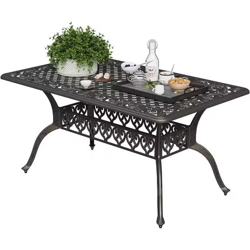 59''Cast Aluminum Outdoor Dining Table Outdoor Patio Table for 6 Patio Dining Table with 2Umbrella Hole & Adjustable Foot Pads for Garden,Backyard