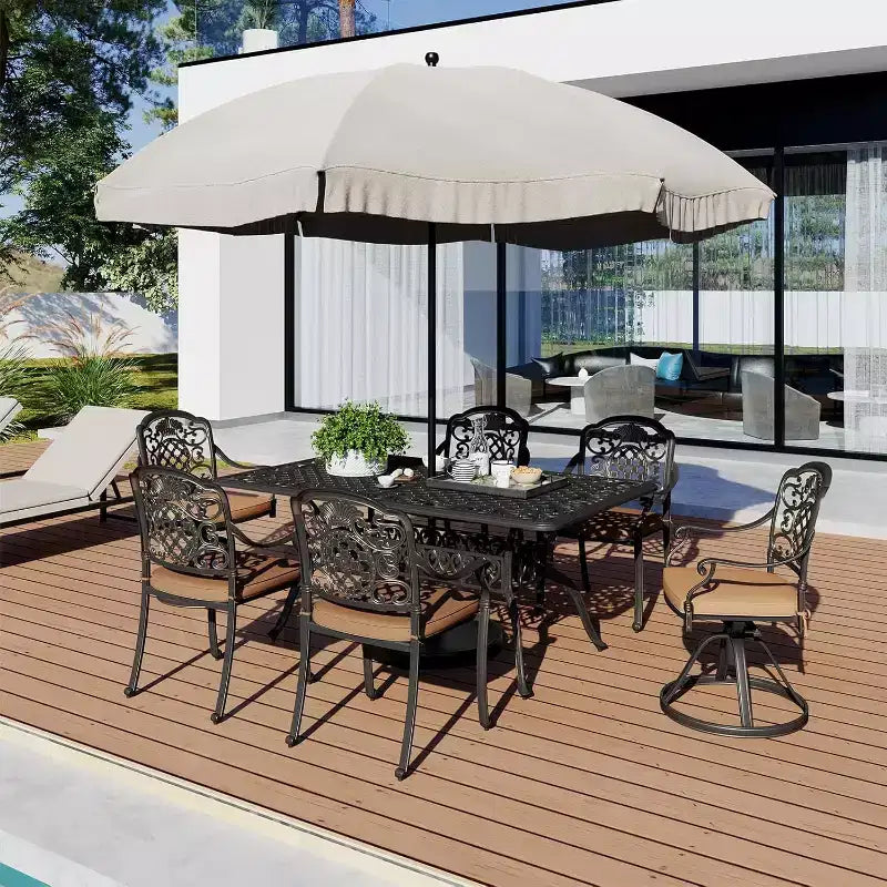 Tavolo da pranzo da esterno in alluminio pressofuso da 59 pollici, tavolo da patio da esterno per 6 persone, tavolo da pranzo da patio con 2 fori per ombrellone e piedini regolabili per giardino, cortile
