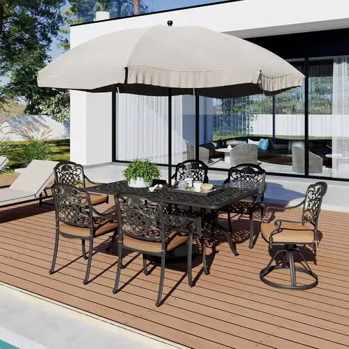 Table de salle à manger d'extérieur de 59'' en fonte d'aluminium, pour 6 personnes, avec 2 trous pour parasol et patins réglables pour jardin et terrasse.